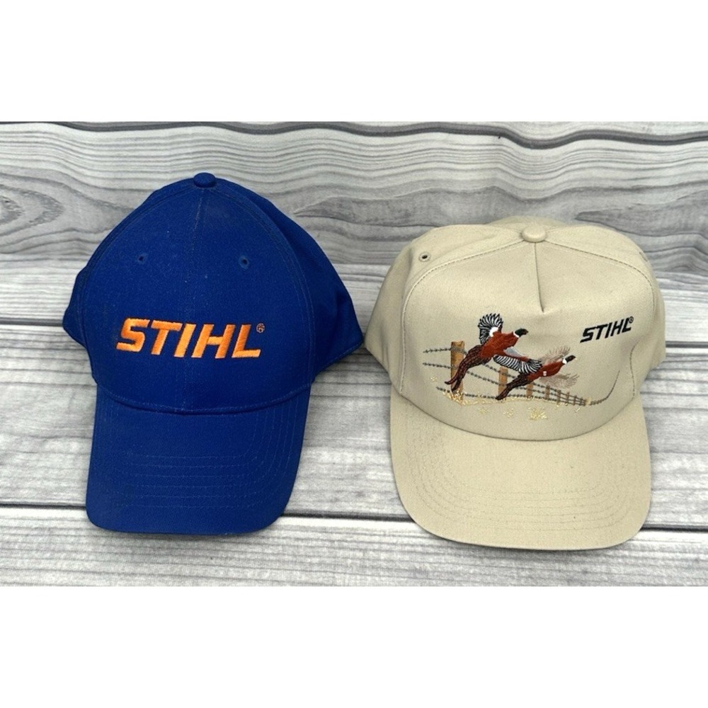 2 VINTAGE STIHL‎ ADJUSTABLE SNAP BACK HATS - TAN EMBROIDERED PHEASANT / BLUE